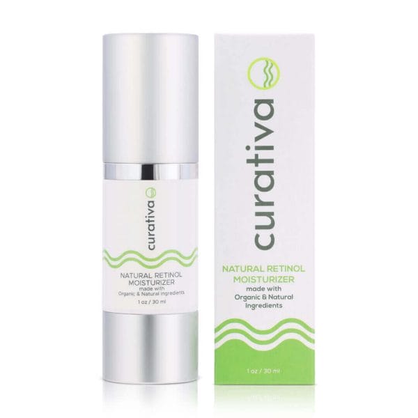 Natural Retinol Moisturizer by Curativa, 1oz bottle with packaging, organic ingredients, skincare product for anti-aging.