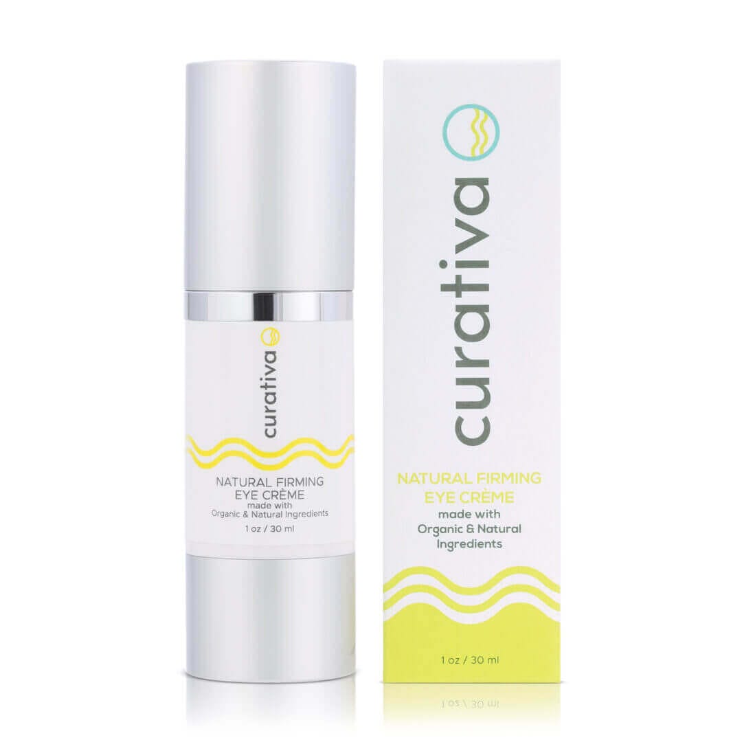 Natural firming eye cream by Curativa in sleek packaging, made with organic ingredients, 1 oz size.