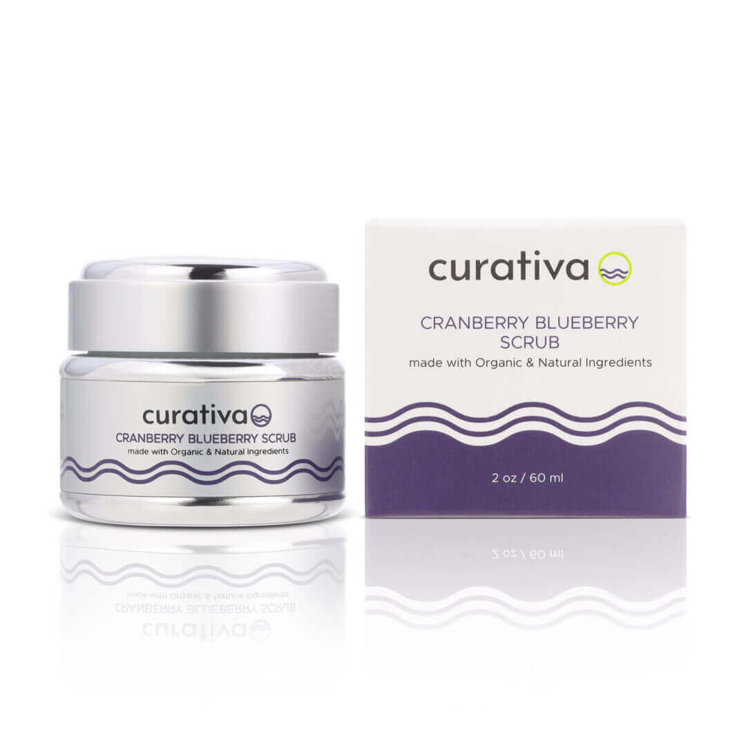 Cranberry blueberry scrub in jar and box, organic skincare product with natural ingredients, 2 oz.