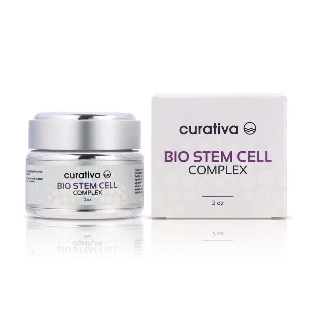 Curativa Bio Stem Cell Complex skincare cream, 2 oz jar and box packaging, anti-aging, rejuvenating formula.