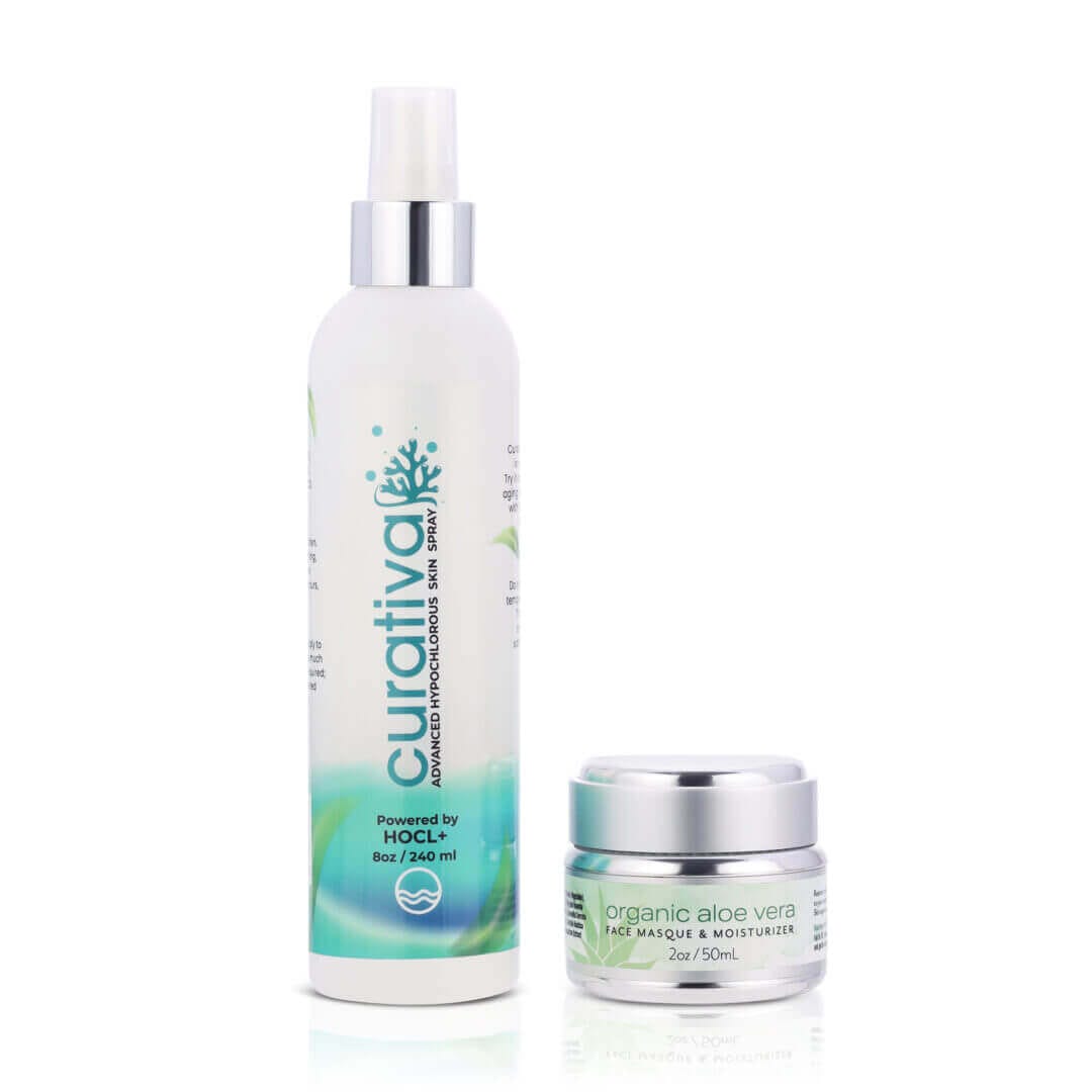 Organic skin hydration products: Curativa spray and aloe vera face masque for moisturizing and soothing care.