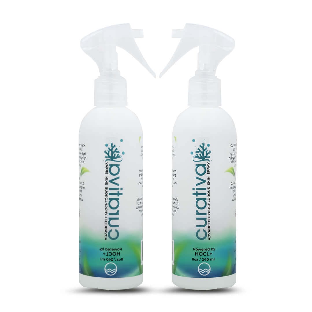 Two 8oz Curativa HOCL sprayer bottles for skin care, featuring advanced hypochlorous formula.