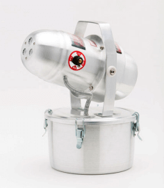 Industrial Commander Tri-Jet Fogger on white background, showcasing metal design and secure clasps for pest control solutions.