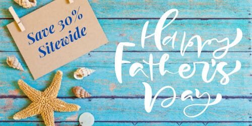 Happy Father's Day beach theme with starfish, seashells, and 30% sitewide sale on blue wooden background.