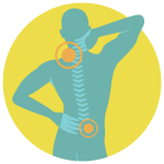 Back pain illustration showing highlighted neck and lower back areas, symbolizing discomfort and spine issues.