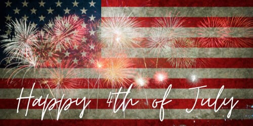 American flag with fireworks, "Happy 4th of July" text, celebrating Independence Day.