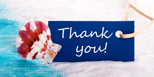 Thank you card with seashell on sandy beach background, maritime theme.