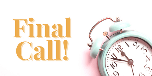 Final call announcement with pastel blue alarm clock on white background, Curativa newsletter reminder, urgent notice.
