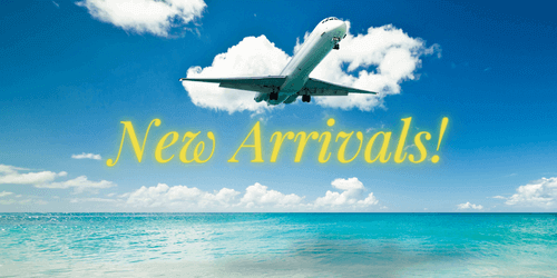 Airplane flying over ocean with "New Arrivals!" text; travel, vacation, and tourism concept.