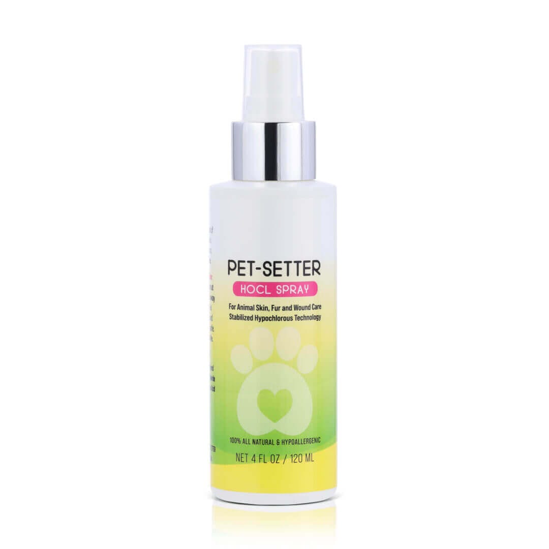 Pet-Setter HOCL Spray 4oz bottle for animal skin, fur, wound care, natural hypoallergenic pet product.