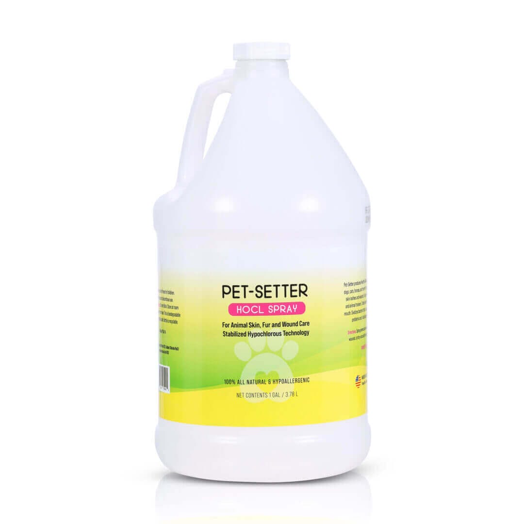 Pet-Setter HOCl Spray Gallon for animal skin, fur, wound care; natural, hypoallergenic, stabilized hypochlorous technology.