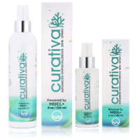 Curativa Bay skin spray bottles and packaging, advanced hypochlorous formula, skincare product, HOCL powered, 8 oz and 4 oz sizes.