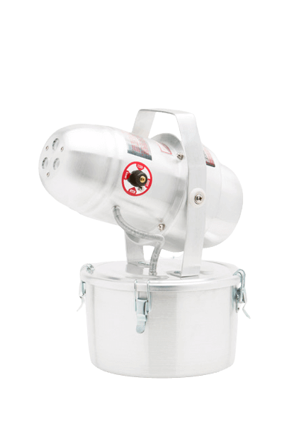 Stainless steel stage spotlight with adjustable mount, isolated on white background, ideal for theater lighting setups.