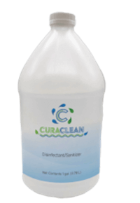 Gallon of Curaclean disinfectant sanitizer with label, used for cleaning and sanitizing surfaces, 3.78 liters capacity.