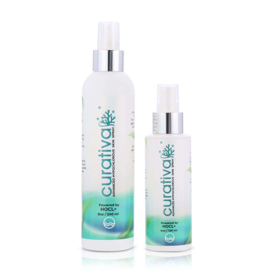 Hypochlorous travel bundle, Curativa HOCL skin spray, 8oz and 4oz bottles, advanced skincare, white and teal packaging.