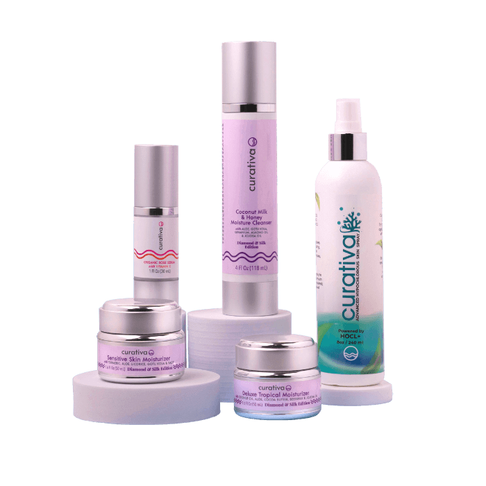 Diamond & Silk Regimen skincare products, featuring moisturizers and cleansers by Curativa, ideal for sensitive skin care.