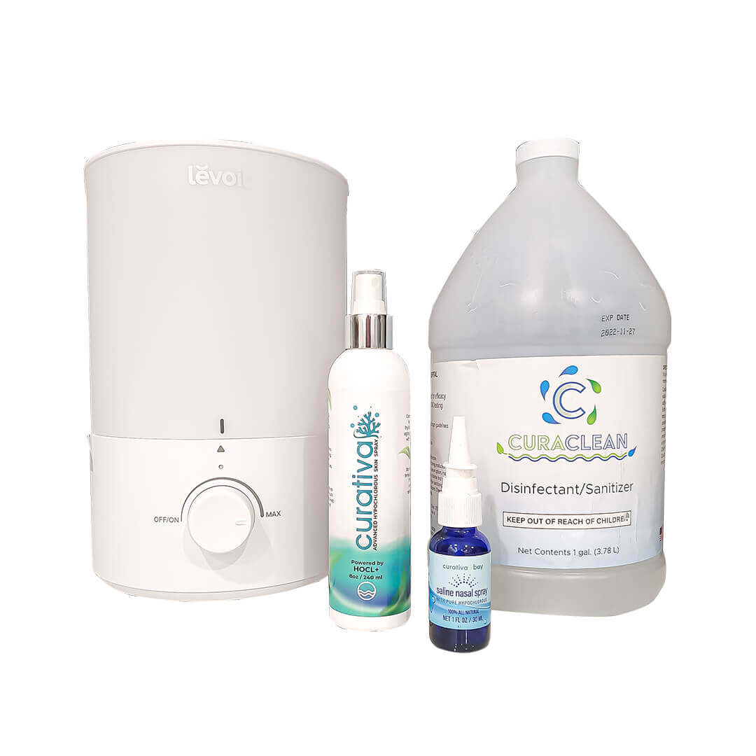 Curativa Bay Flu Bundle with humidifier, disinfectant, nasal spray, and cleaning solution for flu prevention and wellness.