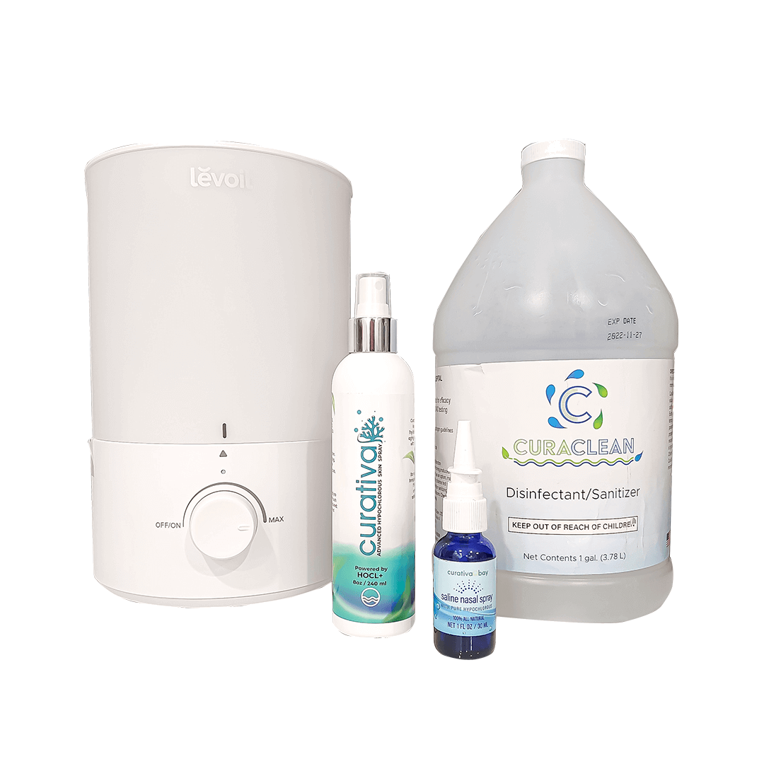 Curativa Bay Flu Bundle with humidifier, disinfectant, nasal spray, and sanitizer for cold relief and hygiene.