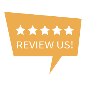 5-star rating graphic with "Review Us!" text in orange speech bubble, encouraging customer feedback and online reviews.