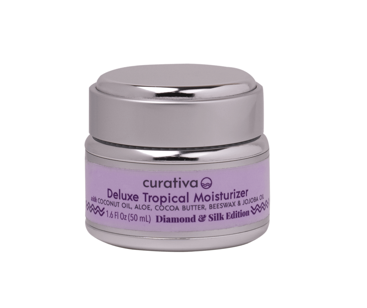 Curativa Deluxe Tropical Moisturizer, 1.6 fl oz, with coconut oil, aloe, cocoa butter, beeswax, and jojoba oil in silver jar.