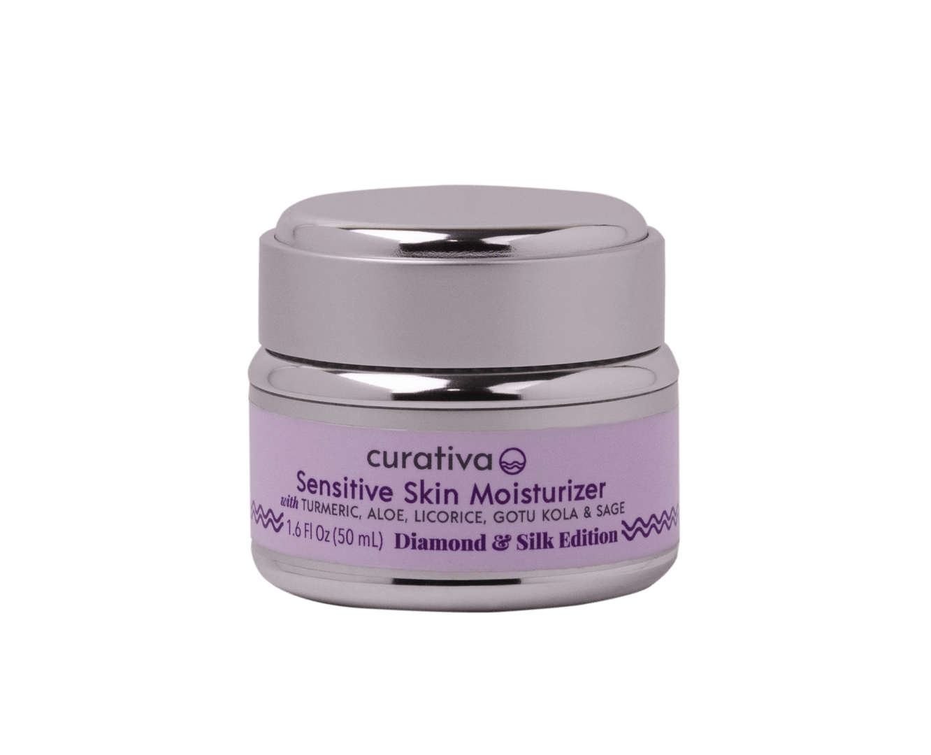 Curativa sensitive skin moisturizer jar, turmeric aloe licorice gotu kola sage, 1.6 fl oz, Diamond & Silk Edition.