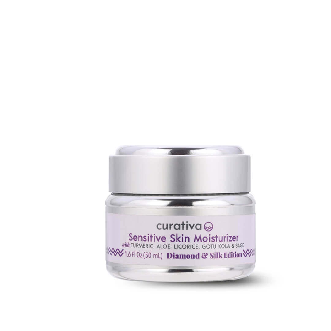 Curativa Sensitive Skin Moisturizer jar with turmeric, aloe, licorice, gotu kola, sage, 1.6 fl oz, Diamond & Silk Edition.