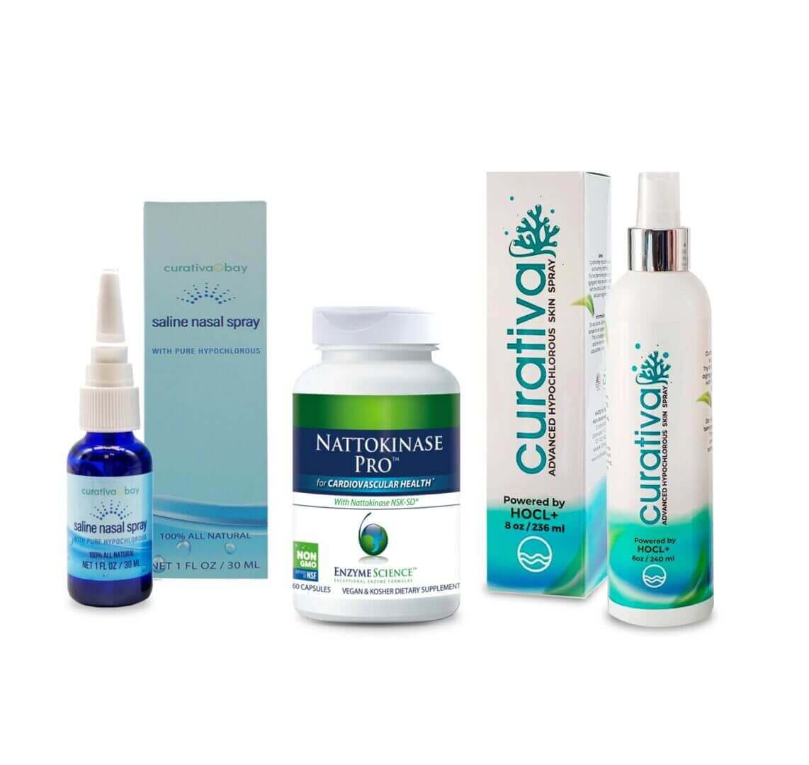Curativa Bay products: saline nasal spray, Nattokinase Pro supplement, advanced hypochlorous skin spray.