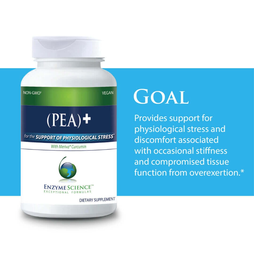 PEA+ supplement for physiological stress relief, vegan, non-GMO, with Meriva curcumin, supports tissue function and reduces stiffness.