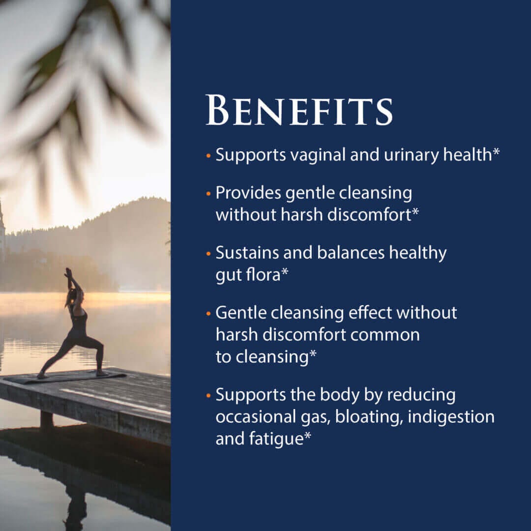 Image of a woman practicing yoga on a dock at sunrise, with text outlining benefits of a Candida control supplement.