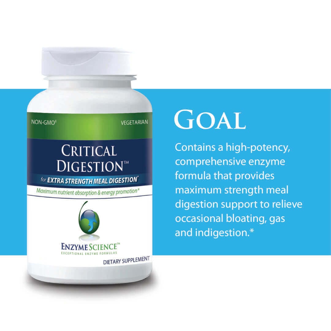 Critical Digestion enzyme supplement bottle, vegetarian and non-GMO, for extra strength digestion support and nutrient absorption.