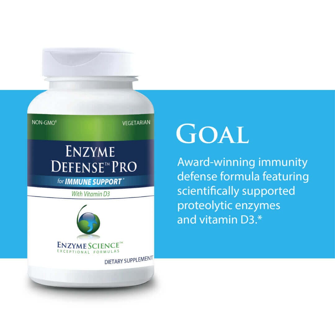 Enzyme Defense Pro supplement bottle for immune support with proteolytic enzymes and vitamin D3, non-GMO, vegetarian.