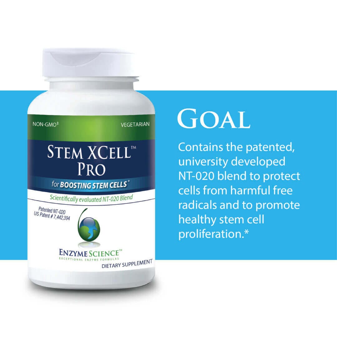Stem XCell Pro supplement bottle with NT-020 blend for boosting stem cells, non-GMO, vegetarian, Enzyme Science.