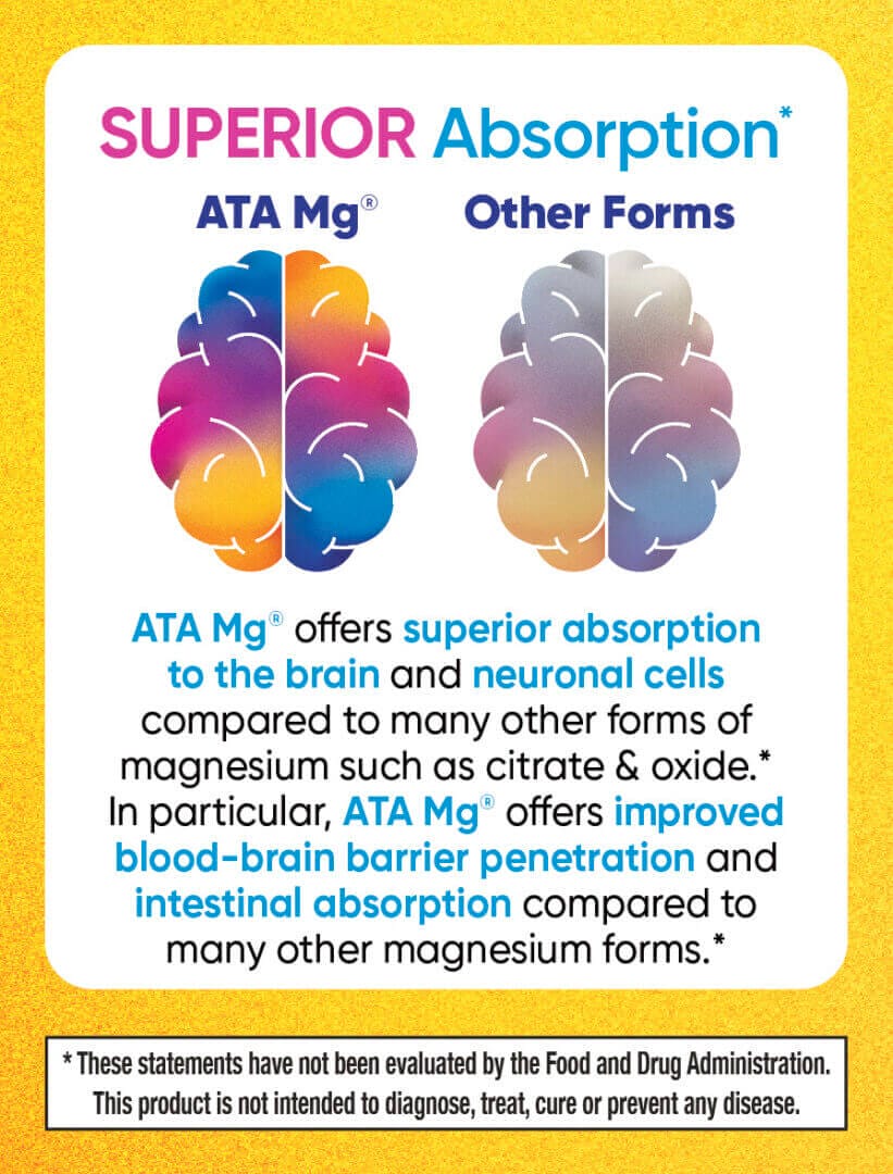 Superior absorption of ATA Mg compared to other magnesium forms, enhancing brain and intestinal absorption.