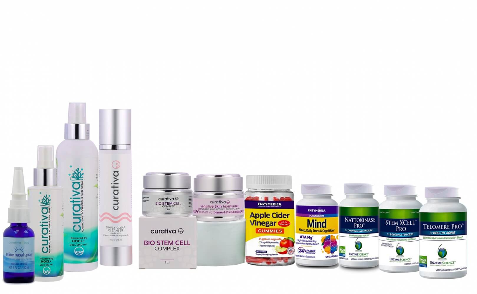 Total health bundle with supplements and skincare products on a white background.