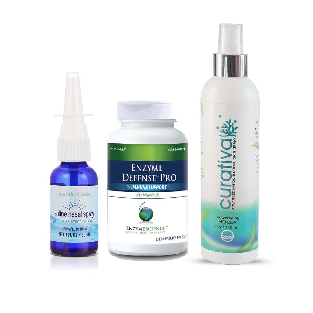 Enzyme Defense Pro bundle with saline nasal spray and HOCL skin spray for immune support and skin care.