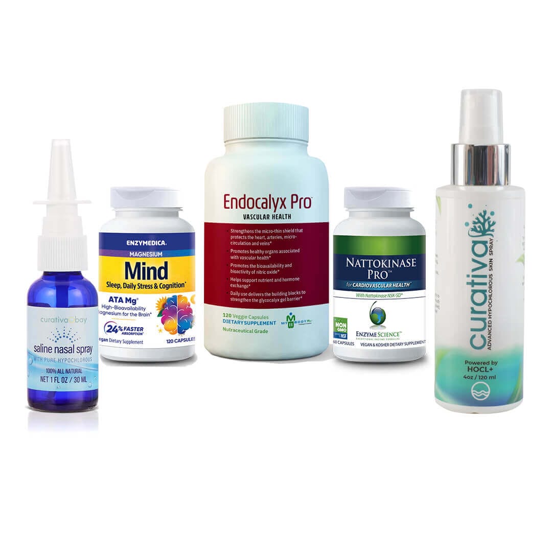 Heart, Mind, Body and Soul supplement bundle featuring Endocalyx Pro, Mind, Nattokinase Pro, nasal and skin sprays.