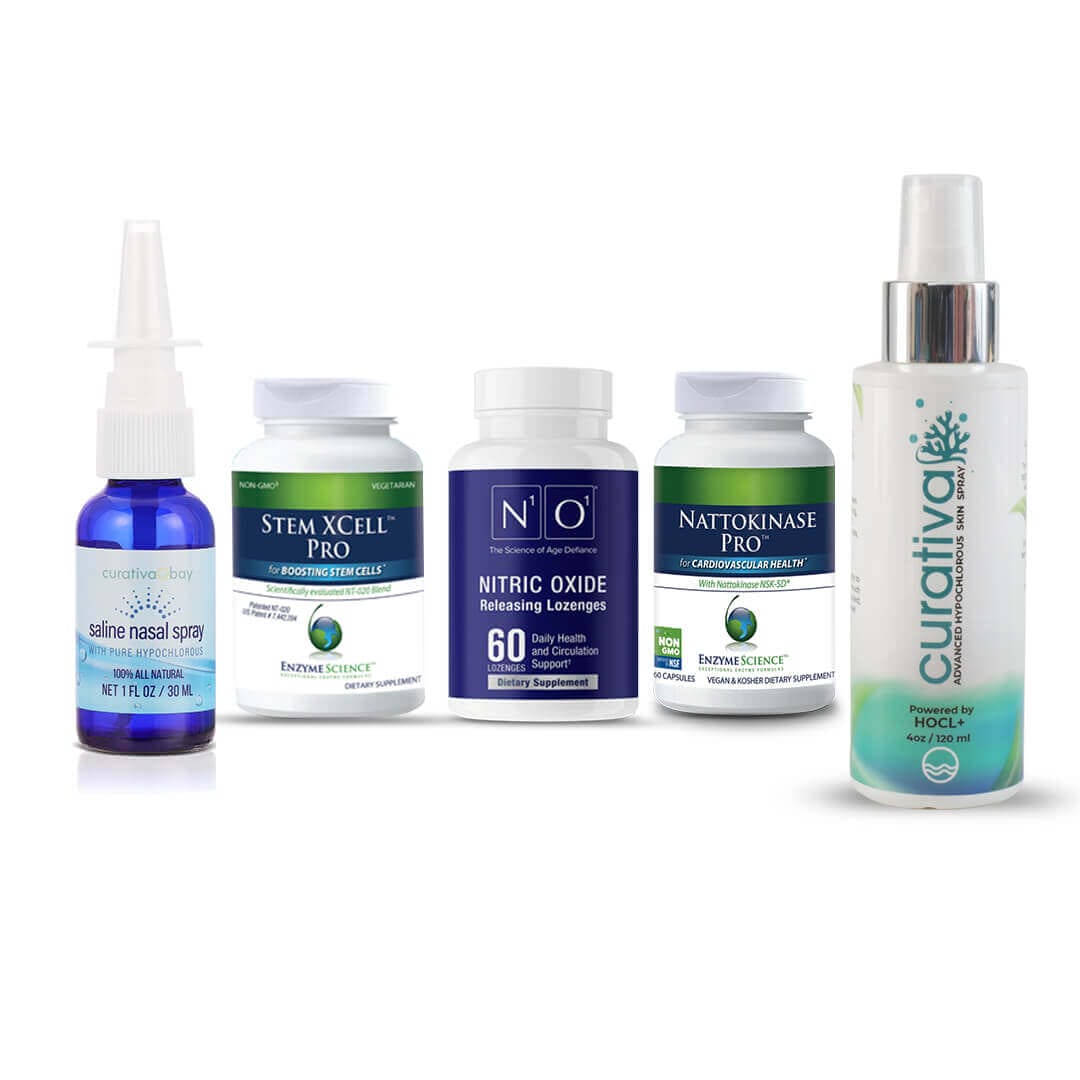 Nutritional supplement bundle including saline nasal spray, Stem XCell Pro, Nitric Oxide lozenges, Nattokinase Pro, skin spray.