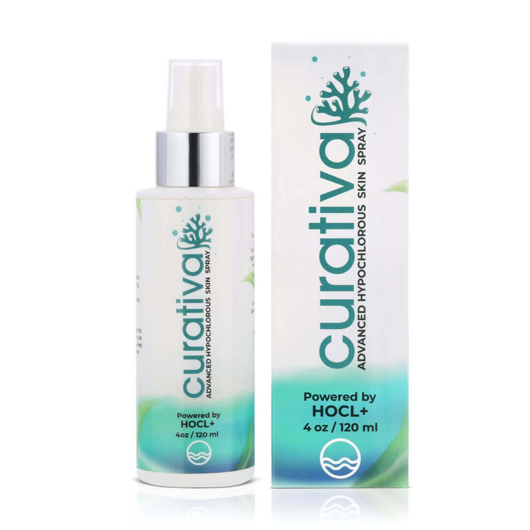 Hypochlorous skin spray 4oz bottle with box, Curativa HOCL+, advanced skincare product for cleansing and soothing skin.