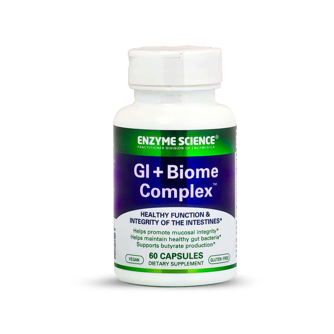 GI+Biome Complex dietary supplement bottle promoting gut health, vegan, gluten-free, 60 capsules, Enzyme Science.