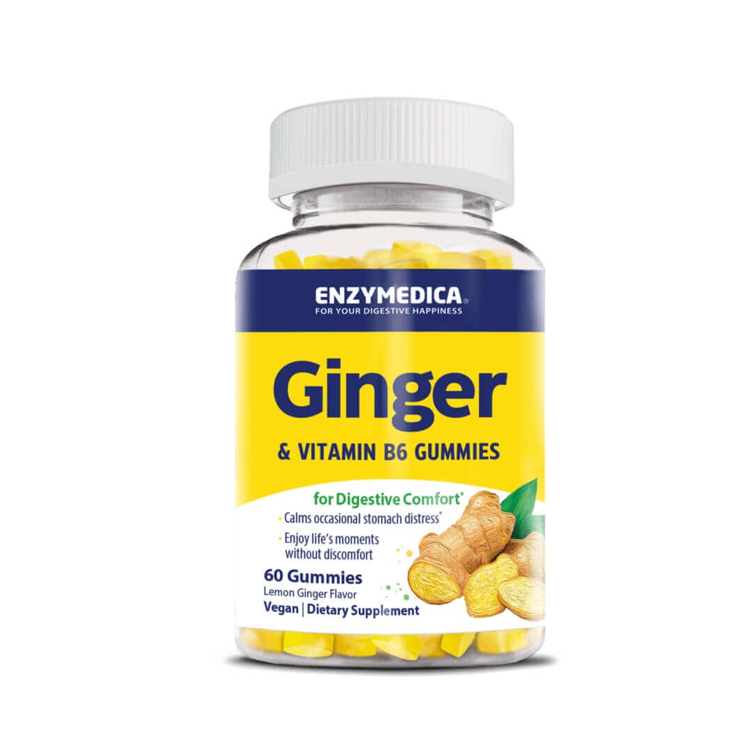 Ginger and Vitamin B6 Gummies for digestive comfort, vegan dietary supplement, lemon flavor, 60 count bottle.