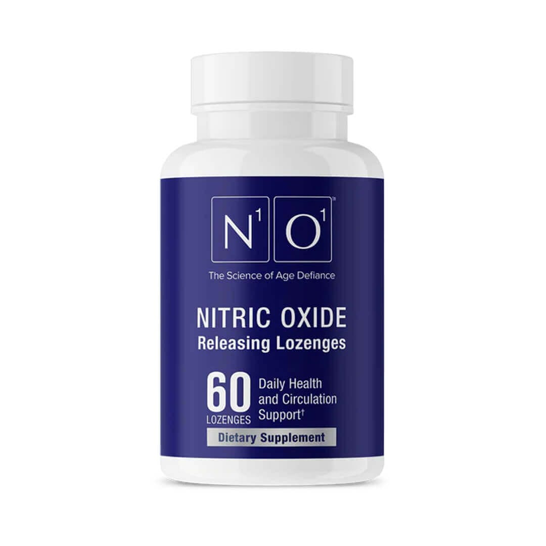 Nitric oxide releasing lozenges bottle, 60 count, daily health and circulation support, dietary supplement.