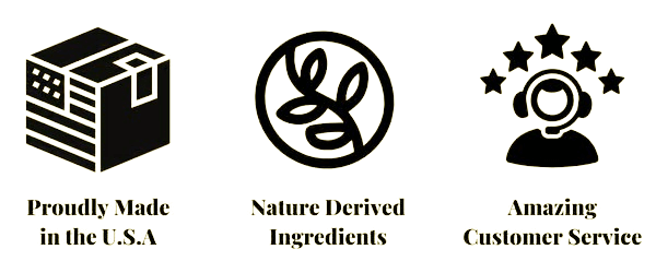 Proudly made in USA, nature-derived ingredients, amazing customer service icons.