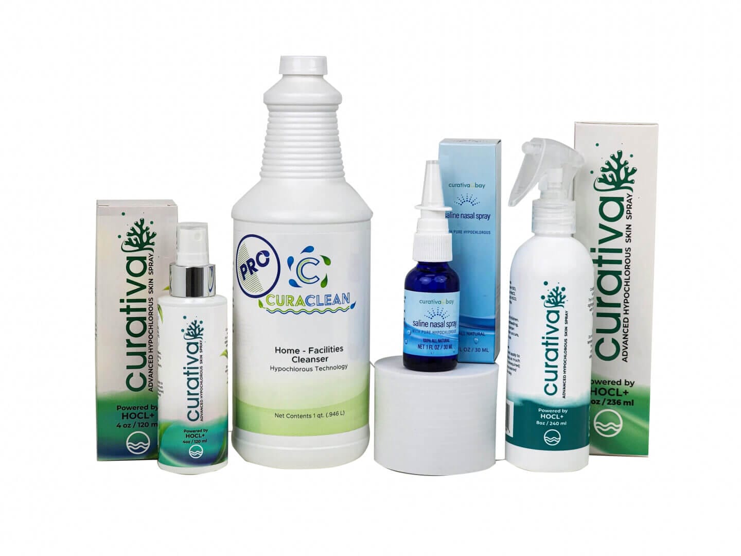 Curativa HOCl products, including skin spray, nasal spray, and cleaner, showcasing advanced hypochlorous technology.