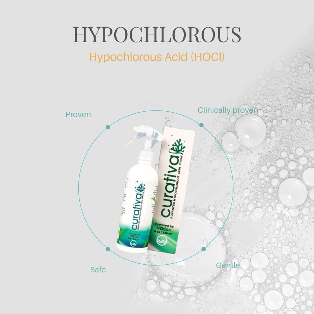 Hypochlorous Acid (HOCl) spray bottle with packaging, labeled Curativa, safe, gentle, clinically proven solution.