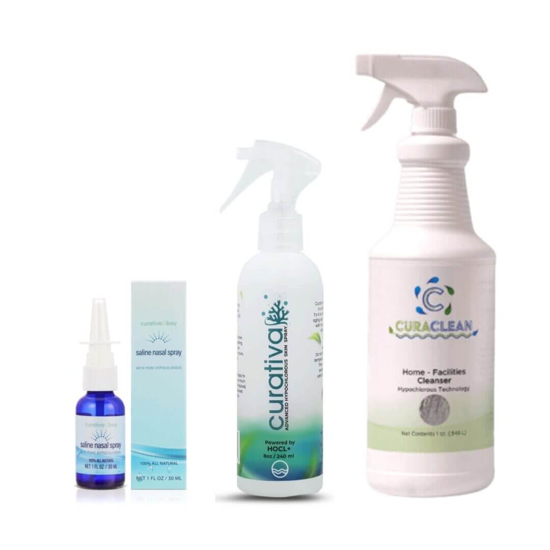 Katie Baehring's Hey Babe Bundle with saline nasal spray, Curativa Bay skin spray, CuraClean home facilities cleanser.