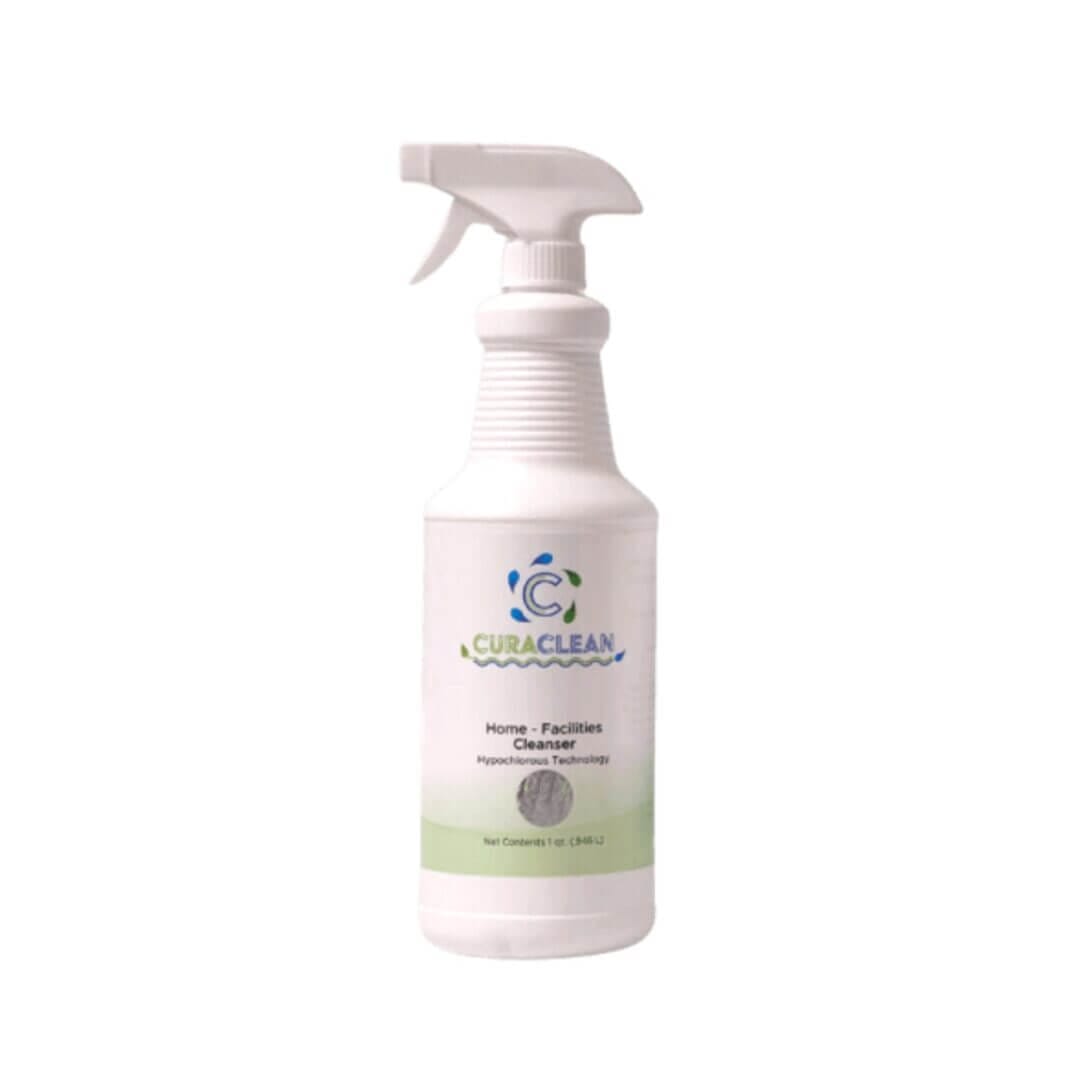 Spray bottle of Curaclean Home Facilities Cleanser with Hypochlorous Technology, ideal for cleaning and disinfecting surfaces.