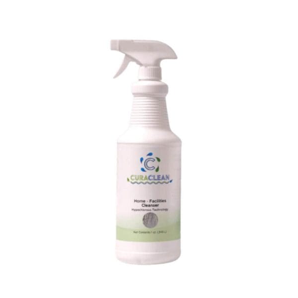 Spray bottle of Curaclean Home Facilities Cleanser with Hypochlorous Technology, ideal for cleaning and disinfecting surfaces.